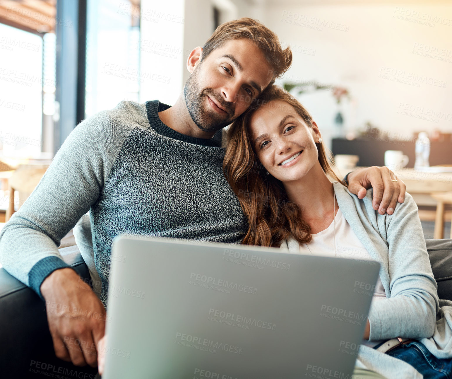 Buy stock photo Portrait, happy couple and laptop on sofa for relax, bonding or connection for love together. Man, woman and smile by computer in home for social media, news and streaming on website in living room