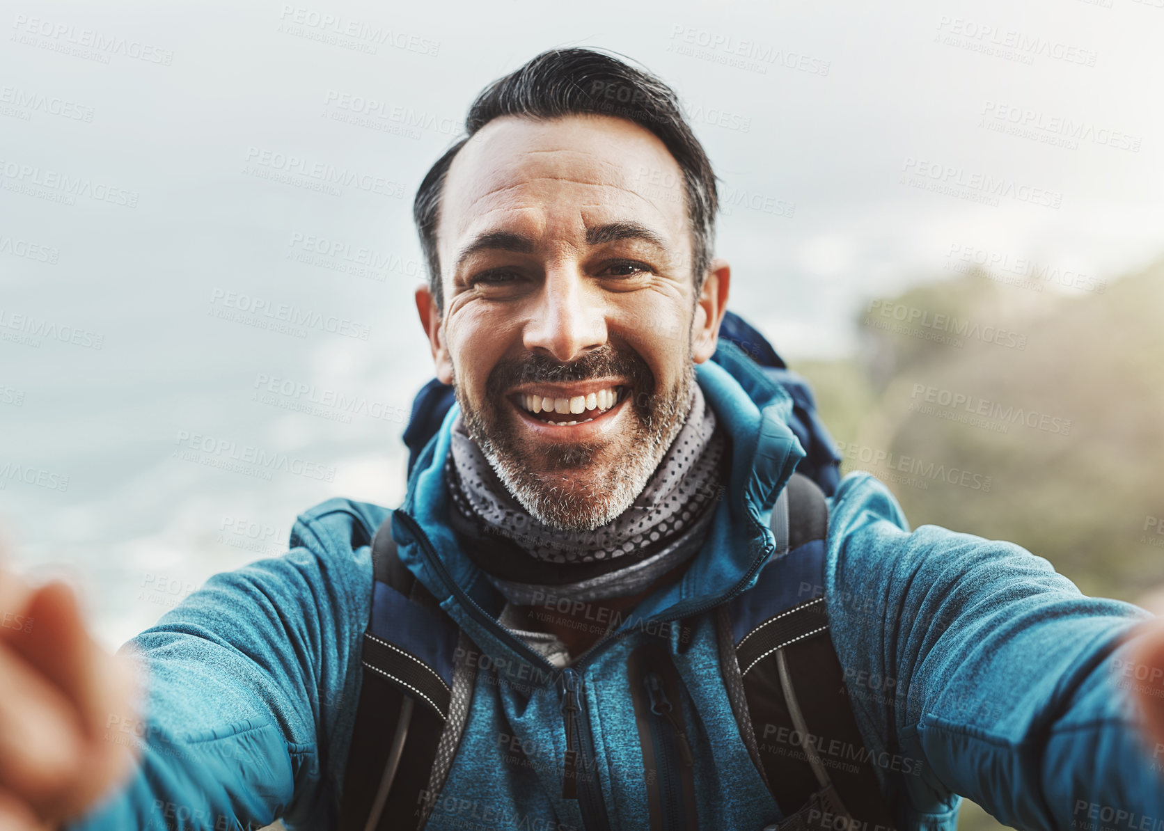 Buy stock photo Selfie, hike and man with nature, fitness and adventure with exercise, training and challenge. Portrait, person and hiker with smile, environment and influencer with profile picture, joy and journey