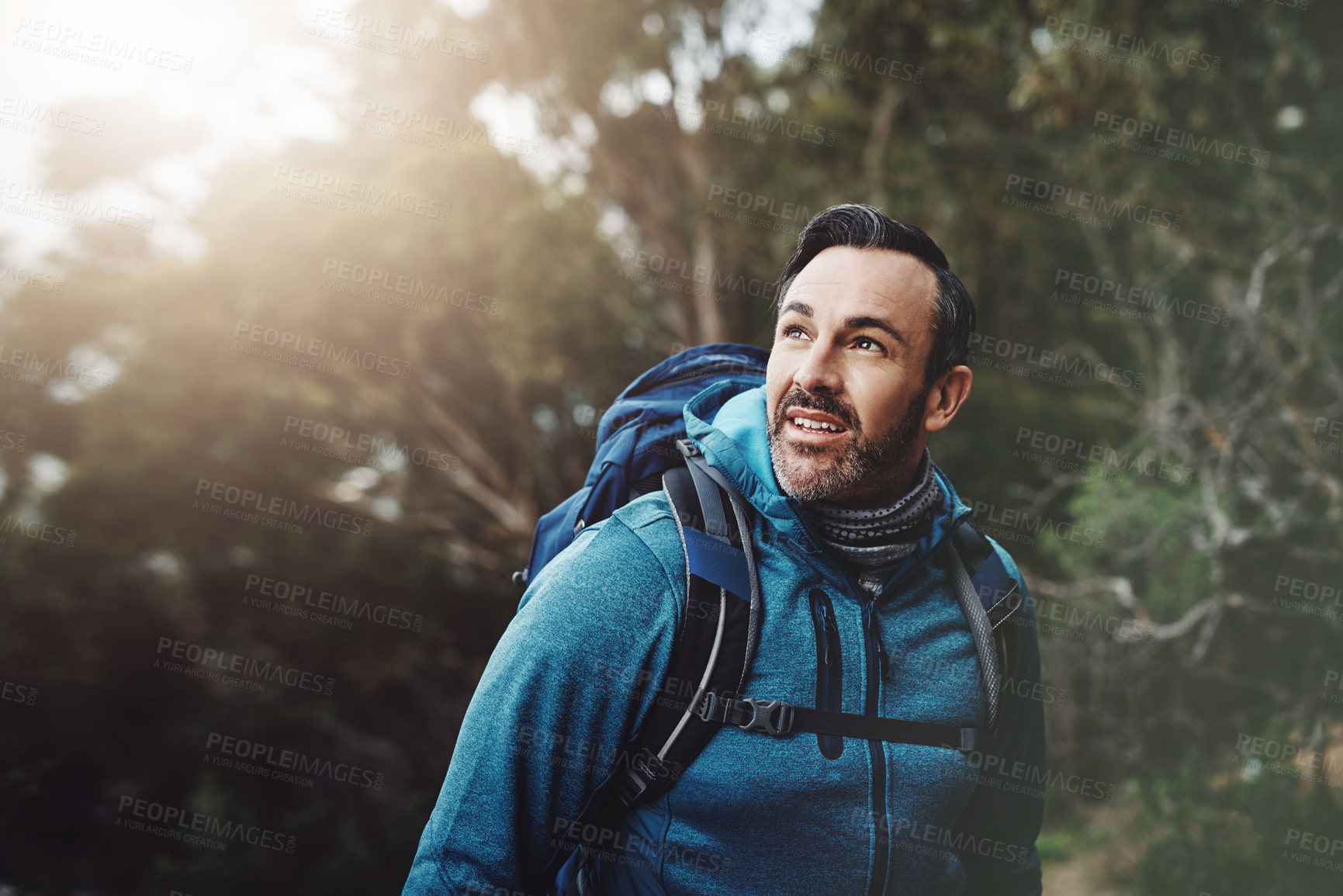 Buy stock photo Hiking, nature and man in nature thinking with backpack for adventure, trekking and freedom. Travel, fitness and person outdoors for wellness, fresh air and exercise on holiday, journey or vacation