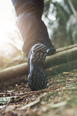 Buy stock photo Running, shoes and fitness person in park for training, workout and morning cardio sports in nature. Go, feet and runner in a forest with freedom, power or energy for action, performance or exercise