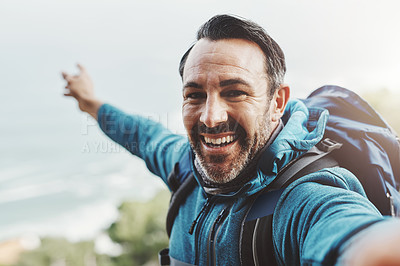 Buy stock photo Selfie, hiking and man with nature, travel and excited with happiness, adventure or environment. Portrait, person or hiker with profile picture, health or vacation with journey, getaway trip or smile