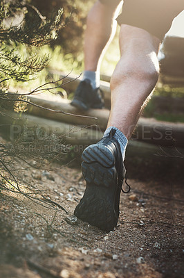 Buy stock photo Running, legs and fitness person in park for training, workout and morning cardio sports in nature. Go, shoes and runner in a forest with freedom, power or energy for action, performance or exercise