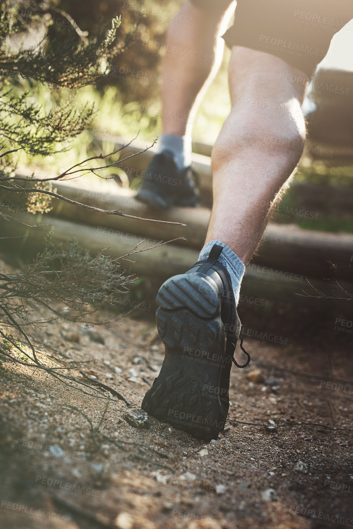 Buy stock photo Running, legs and fitness person in park for training, workout and morning cardio sports in nature. Go, shoes and runner in a forest with freedom, power or energy for action, performance or exercise