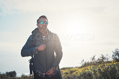 Buy stock photo Hiking, man and backpack in the mountains with eco travel, trekking and camping adventure with jacket. Vacation, journey and summit for exercise, fitness and outdoor on Peru holiday in nature