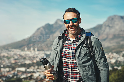 Buy stock photo Man, portrait and mountain travel with adventure gear, smile and eco vacation with walking trail. Fitness, hiking sport and and exercise with climbing, happy and Peru with backpack and nature journey