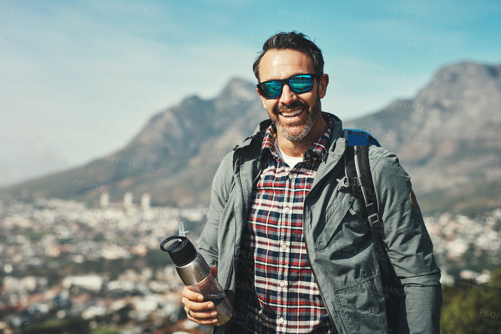 Buy stock photo Man, portrait and mountain travel with adventure gear, smile and eco vacation with walking trail. Fitness, hiking sport and and exercise with climbing, happy and Peru with backpack and nature journey