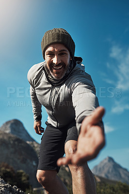 Buy stock photo Hiking, hand support and man portrait in the Alps in mountains with eco travel and climbing with smile. Vacation, below and summit for exercise, fitness and training outdoor on holiday in nature