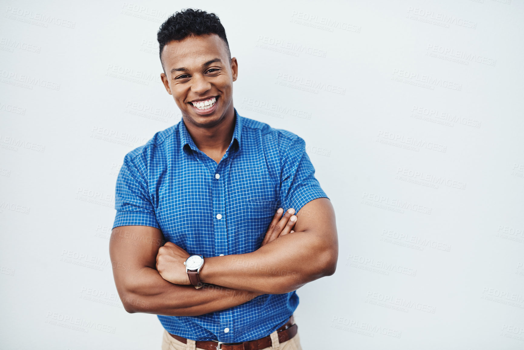 Buy stock photo Portrait, business and man with arms crossed, smile and confident guy on white studio background. African person, model or agent with professional, creativity and pride for startup or career ambition