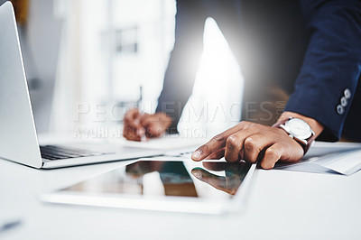 Buy stock photo Professional, man and laptop for research on tablet at work  for analysis about career at desk. Businessman, hand and email for online at a workplace with a digital screen for communication on web.