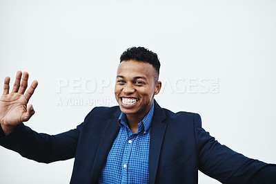 Buy stock photo Hand, hello and portrait of excited businessman in studio for greeting, choice or promo on white background. Palm, wave or friendly model with dance gesture for attention, stop or sign up reminder