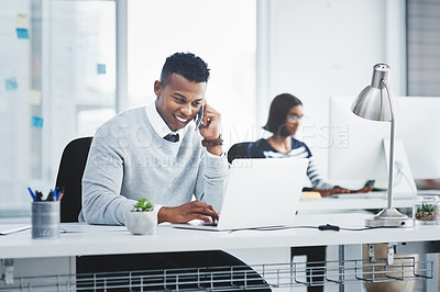 Buy stock photo Business man, phone call and coworking employee with web design networking and conversation. Happy, desk and startup staff with digital designer work and communication with technology at workplace