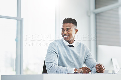 Buy stock photo Business man, smile and thinking with corporate and fintech employee at a startup with confidence. Digital, technology and professional at office desk ready for working on a financial service project