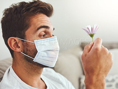 Buy stock photo Cropped shot of a handsome young man wearing a protective mask while holding a flower