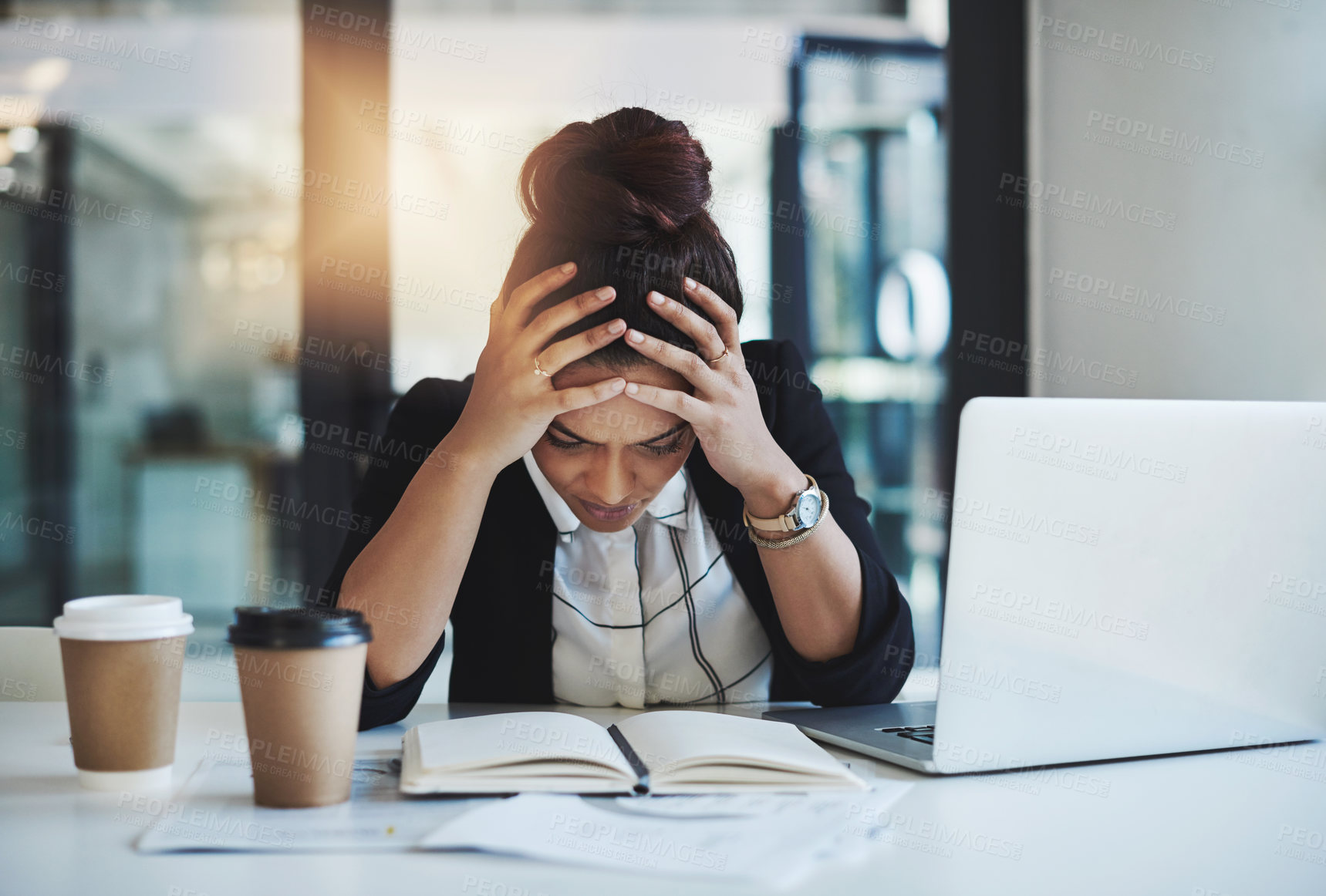 Buy stock photo Stress, headache and businesswoman with laptop in office while working on corporate project. Burnout, fatigue and professional female employee with migraine while reading research notes in workplace.