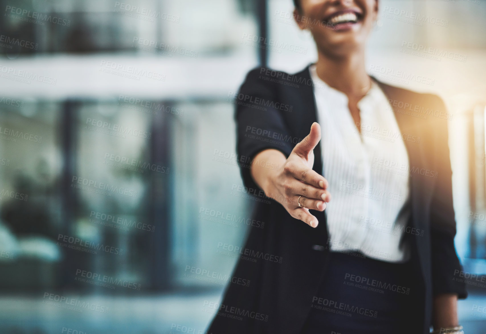 Buy stock photo Hiring, closeup or happy woman shaking hands in b2b meeting for project or contract agreement. Leader, handshake zoom or worker with job promotion, business deal negotiation or partnership in office