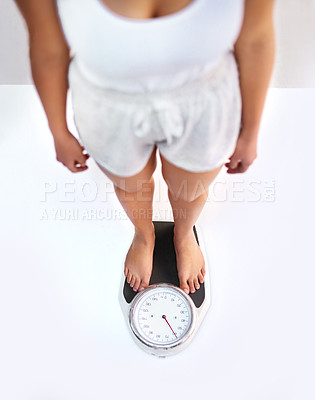 Buy stock photo Above, legs or woman in home with scale for body training, exercise or workout mockup to lose weight. Wellness, feet or top view of female person in house to check health, monitor progress or results