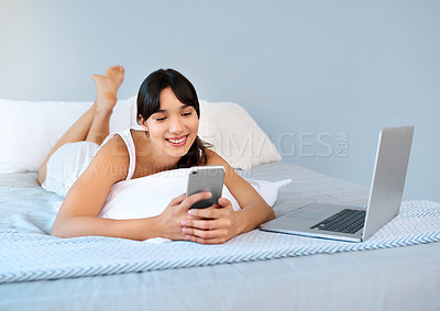 Buy stock photo Girl, bed or phone to relax, smile or social media by thinking, ebook or communication online. Laptop, woman or search of idea, vision or planning of internet, post or update of news app on mockup