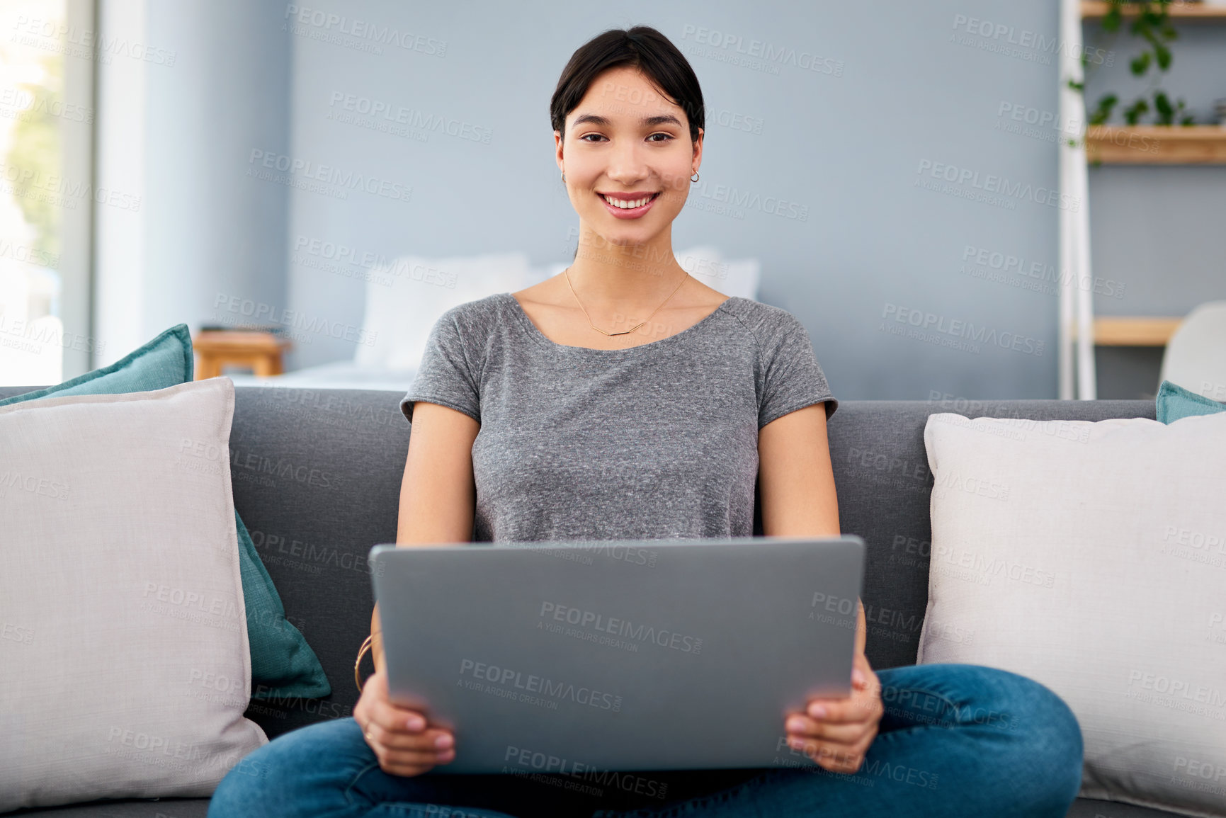 Buy stock photo Laptop, portrait or woman streaming to relax in living room for online subscription, film or video. Technology, connectivity and happy girl watching movie on sofa or couch for entertainment or break