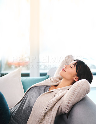 Buy stock photo Woman, relax and sofa in house for wellness, peace and sleep on weekend with zen. Female person, comfort and couch in home on Saturday for mental health, calm and rest with pillow, silent and leisure