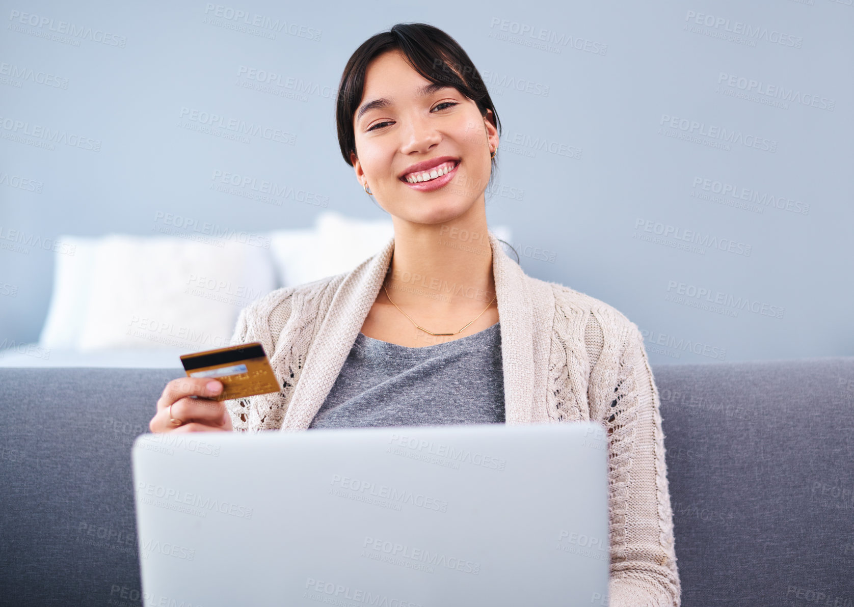 Buy stock photo Credit card, woman and laptop on sofa for online shopping, portrait and budget in apartment. E-commerce, payment and digital banking in house for paying bills, loans and upgrade for streaming.