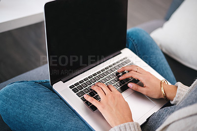Buy stock photo Laptop, hands and woman typing in house for online research with work from home creative job. Technology, keyboard and female freelance copywriter with website or internet project in apartment.
