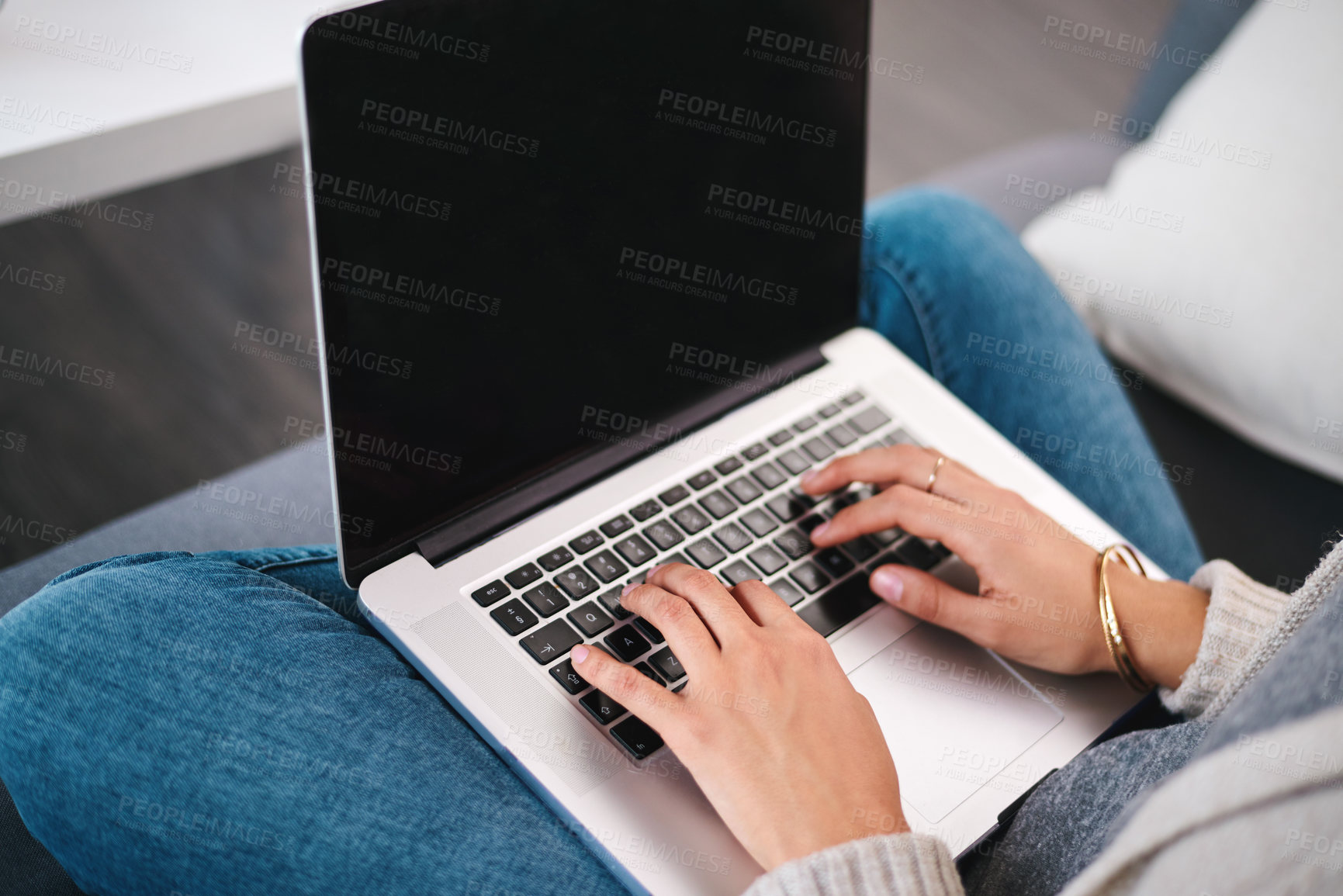 Buy stock photo Laptop, hands and woman typing in house for online research with work from home creative job. Technology, keyboard and female freelance copywriter with website or internet project in apartment.