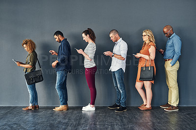 Buy stock photo Businesspeople, job interview and waiting in line with technology or recruitment, onboarding or internet. Men, women and meeting diversity in queue or cellphone in office, human resources or hiring