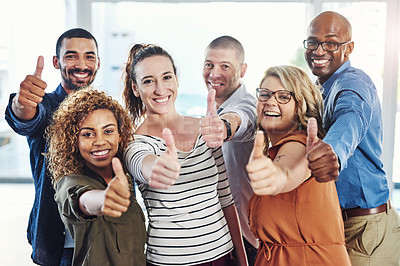 Buy stock photo Yes, thumbs up portrait and business people with diversity, winner and thank you like sign of staff. Office, happiness and success of worker group with support, teamwork and motivation for company