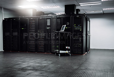 Buy stock photo Control room, empty or laptop for internet connection, computing network or cyber security hardware. IT support background, information technology electronics or machine equipment in data center 