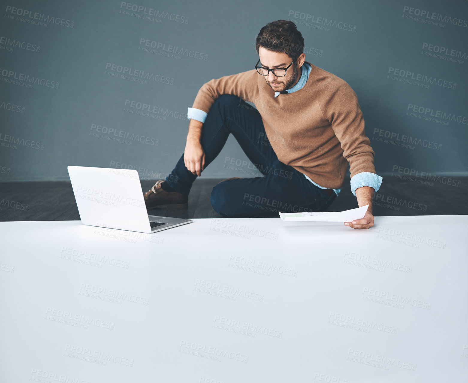 Buy stock photo Copyspace, planning and innovation on a laptop, while doing research and thinking of vision and mission for a startup. Serious entrepreneur waiting on a reply after sending a business proposal