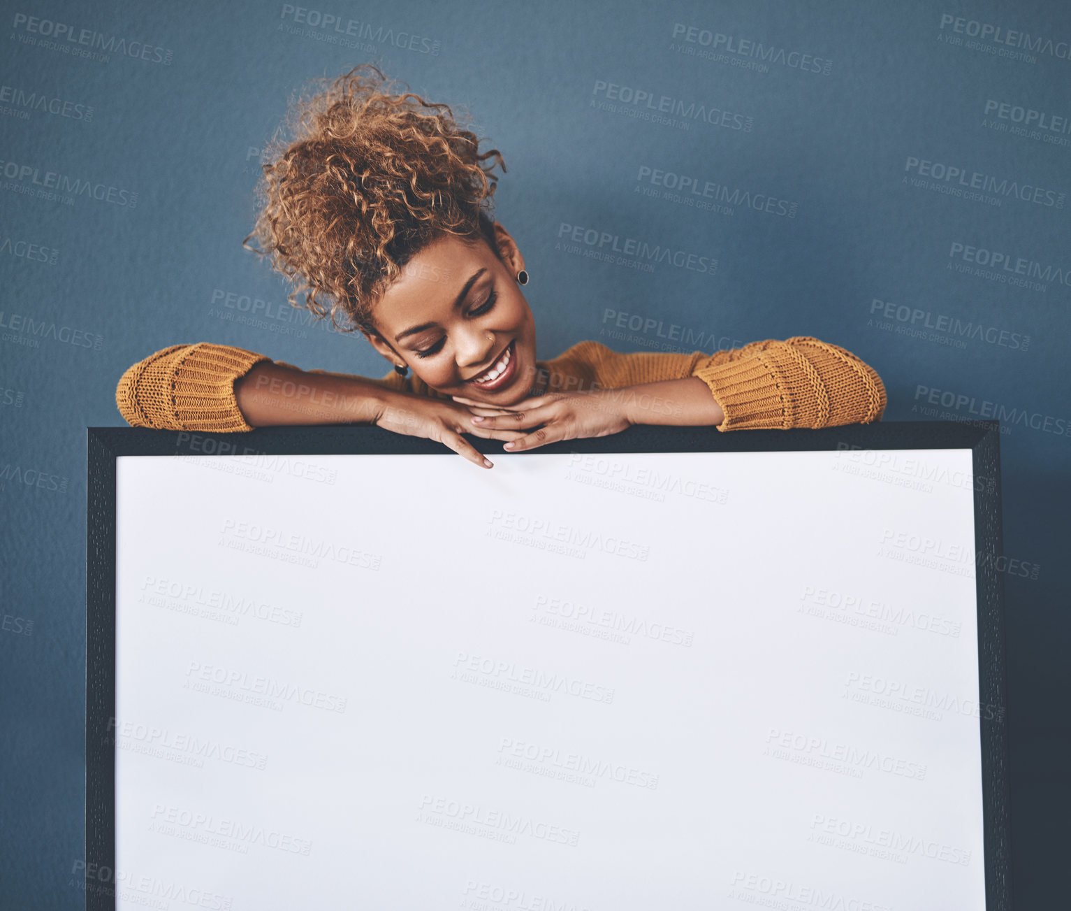 Buy stock photo Blank white poster and copyspace of a smiling, happy and young woman holding the sign. Female looking at an empty copy space board with a retail sale, marketing or social media advertising indoors