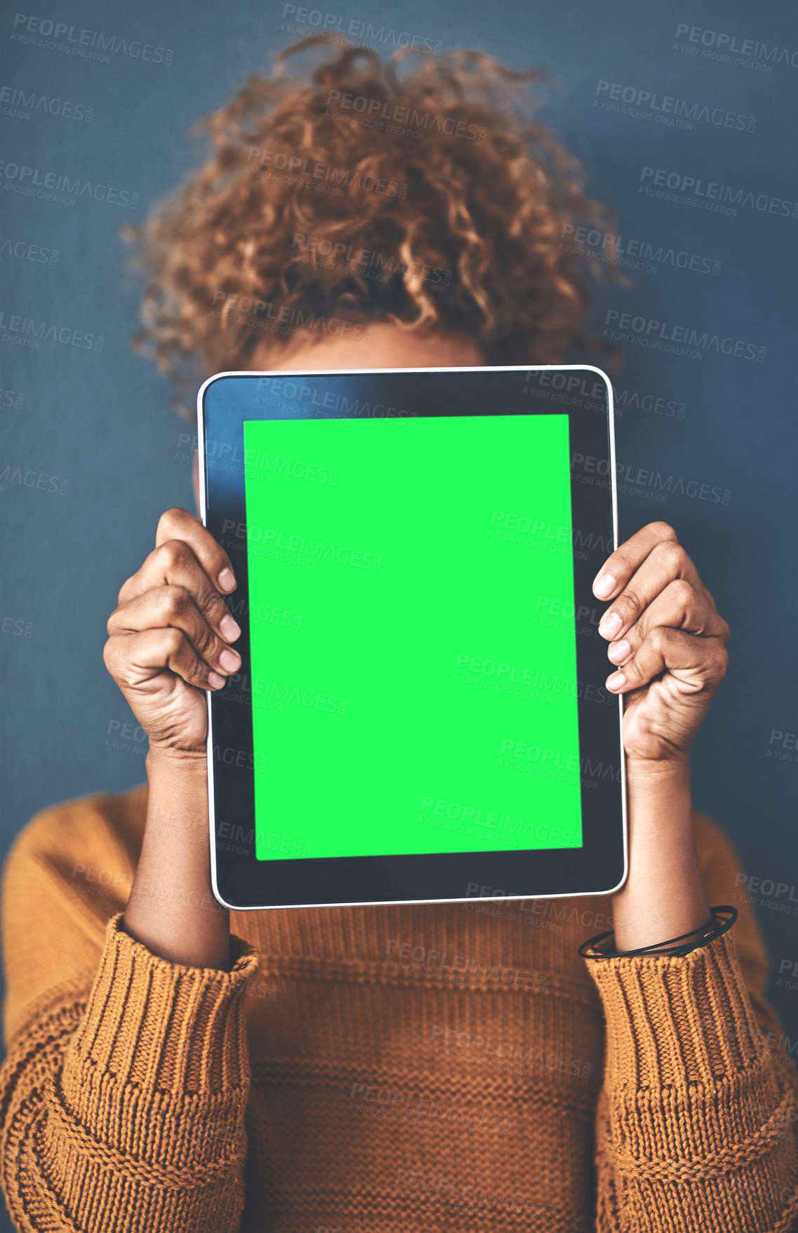 Buy stock photo Green screen, copy space and chromakey on a tablet of a woman showing website for online advertising. Closeup of female with blank touch screen, branding for a business logo or news and marketing