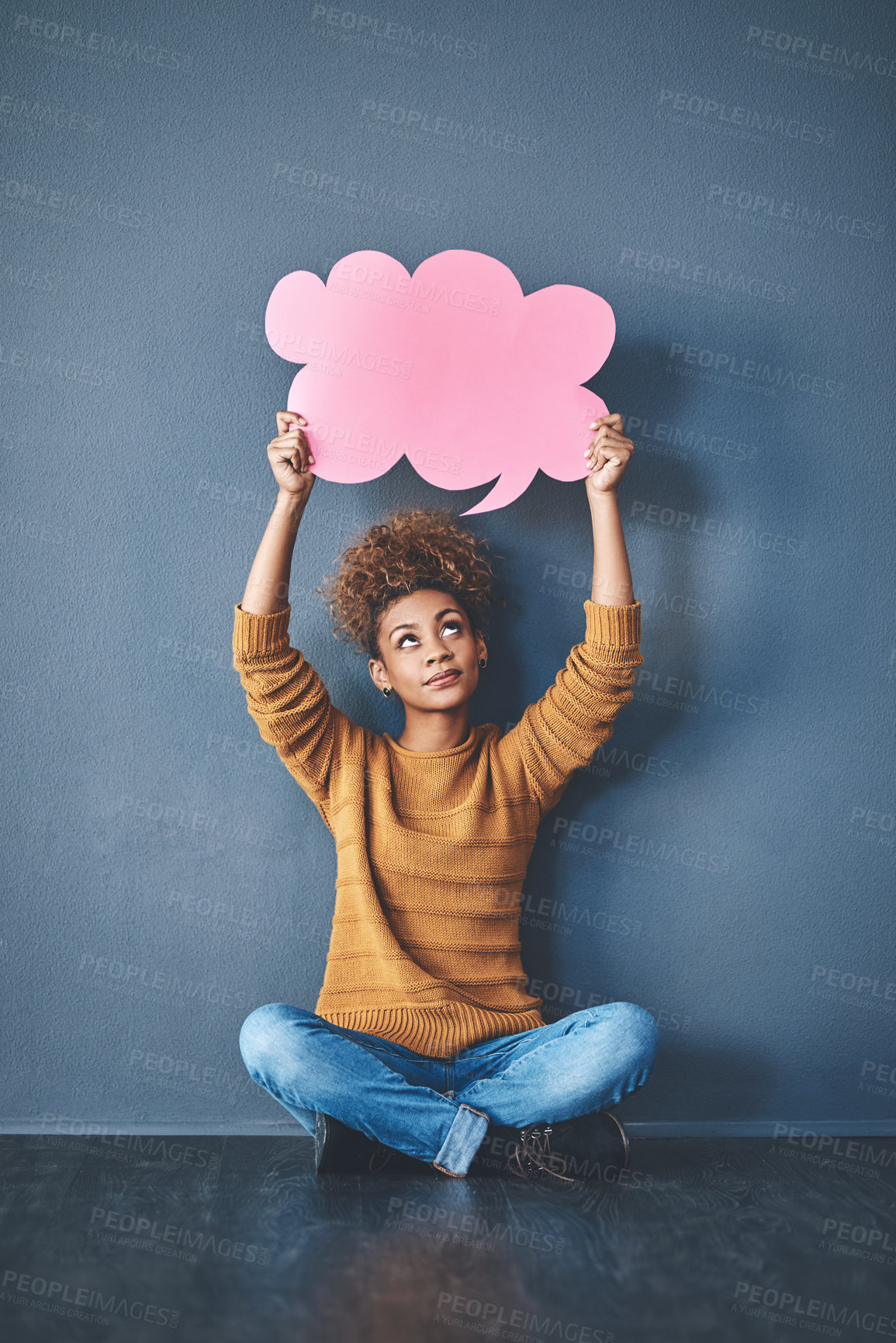 Buy stock photo African woman, poster and speech bubble on floor with mockup space for advertising and marketing. Female person, banner and billboard on gray background for branding, logo and news announcement