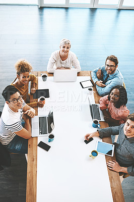 Buy stock photo Meeting, above or portrait of people in startup for team planning, company growth strategy or collaboration. Technology, designers or creative workers in office for project development discussion