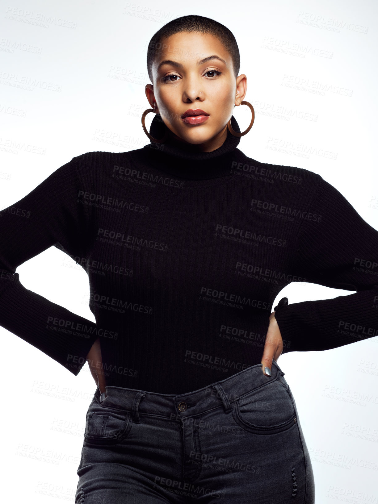 Buy stock photo Portrait, knitwear and African woman in studio for confidence, warm outfit or trendy clothes on white background. Serious, aesthetic and model for stylish sweater, wool jersey or autumn fashion