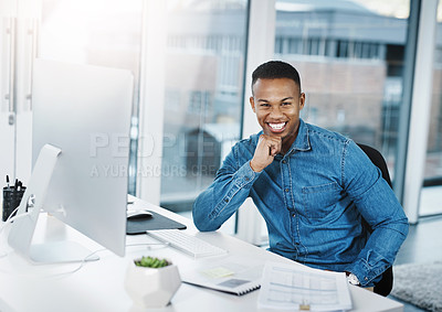 Buy stock photo Happy, black businessman and portrait in office with computer for interior designing with construction company for project development. Employee, creative and digital technology for research or ideas