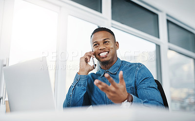 Buy stock photo Smile, phone call and black man by computer in office, workspace and desk happy in creative career. Communication, internship and journalist with tech for contact, research and internet for working