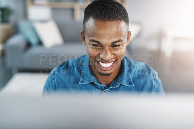 Buy stock photo Happy, confident and black man by computer in office, workspace and desk professional in creative career. Smile, internship or journalist with technology for typing, research and internet for working