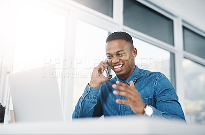 Buy stock photo Phone call, business and black man with mobile in office for conversation, networking or negotiating deal. Lens flare, laptop and happy consultant for discussion, talking or feedback on project