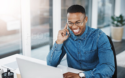 Buy stock photo Phone call, business and black man with mobile at desk for conversation, networking or negotiating deal. Lens flare, laptop and happy consultant for discussion, talking or feedback on project