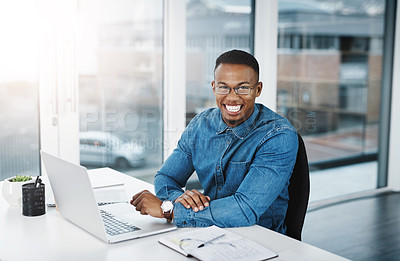 Buy stock photo Portrait, working and black man by computer in office, workspace and desk happy in creative career. Happiness, internship and journalist with tech for typing, research and internet for productivity