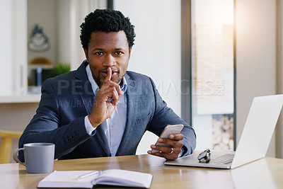 Buy stock photo Business, black man and secret portrait with phone and work from home with whisper. African male person, employee and laptop of a online finance worker hush gesture with confidential information