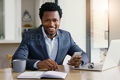 Buy stock photo Freelancer, black man and portrait with phone and smile from online investment job. Work from home, happiness and investor employee in house with mobile communication and internet research at desk