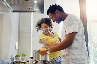 Buy stock photo Cooking, love and food with couple in kitchen for bonding, breakfast and morning. Happiness, smile and health with man and woman preparing meal together at home for relax, nutrition and wellness