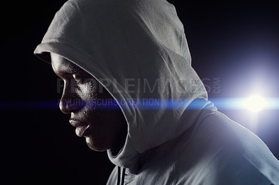 Buy stock photo Fitness, night and face of black man with focus in city for workout, exercise and marathon training. Sports, strong and profile of male athlete with dedication, motivation and serious for running