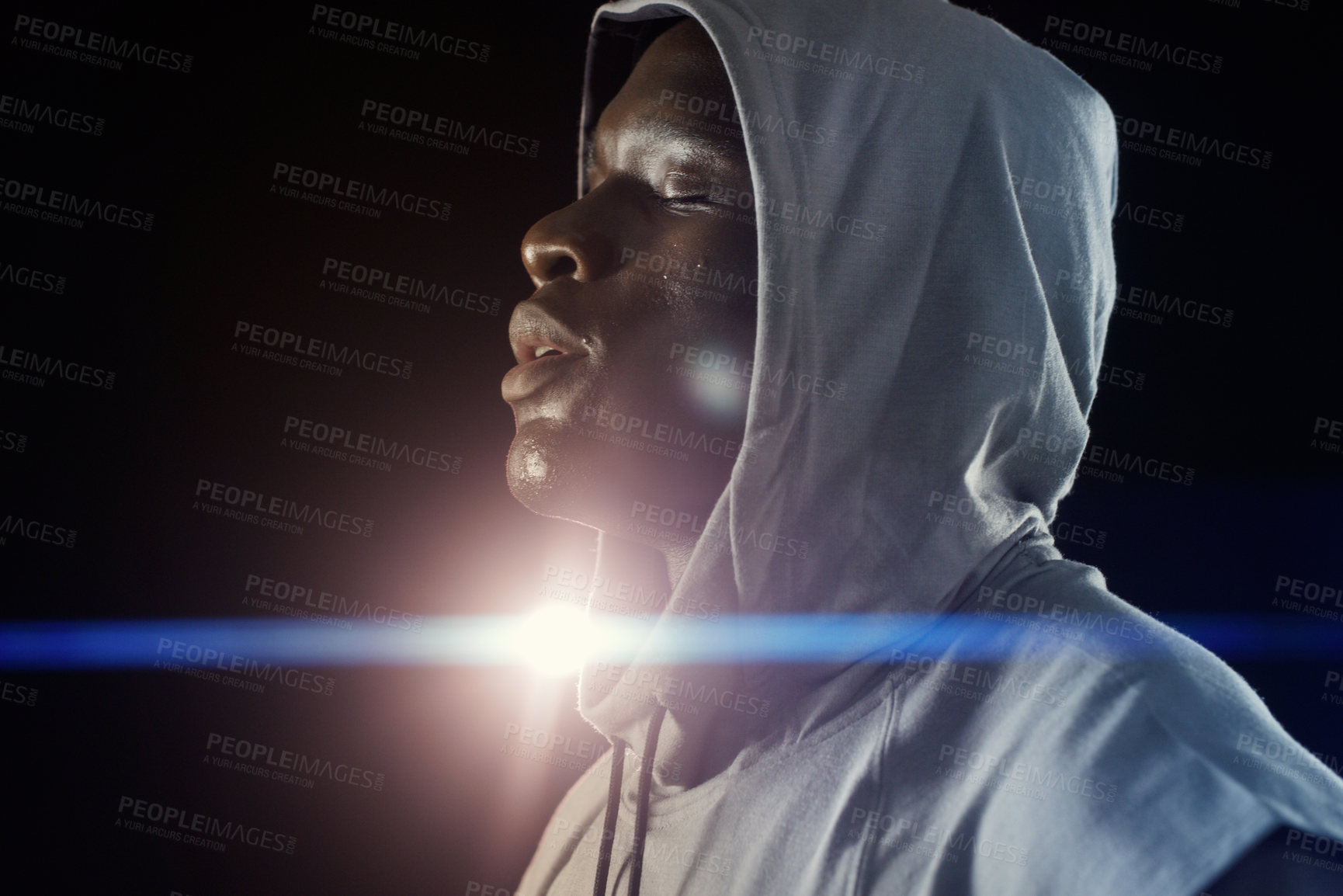 Buy stock photo Fitness, night and face of black man with sweat in city for workout, exercise and marathon training. Sports, strong and serious male body builder with dedication, motivation and focus for running