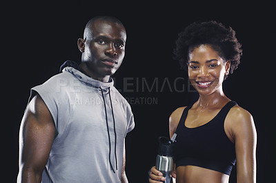 Buy stock photo Black people, portrait and sports workout with personal trainer or sweating, dark background or athlete. Man, woman and face or training together for healthy confidence or gym, studio or teamwork