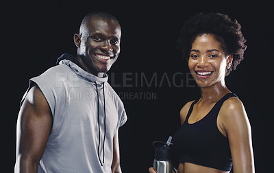 Buy stock photo Black people, portrait and sports athlete with personal trainer or sweating, dark background or coaching. Man, woman and face or training together for healthy confidence or gym, studio or teamwork