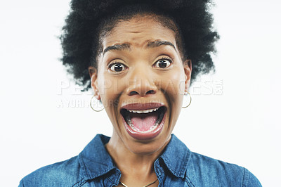 Buy stock photo Black woman, portrait and shock with scare, fright or wow for anxiety, fear or stress on a white studio background. Face of African or young female person in surprise, OMG or WTF for alert or drama