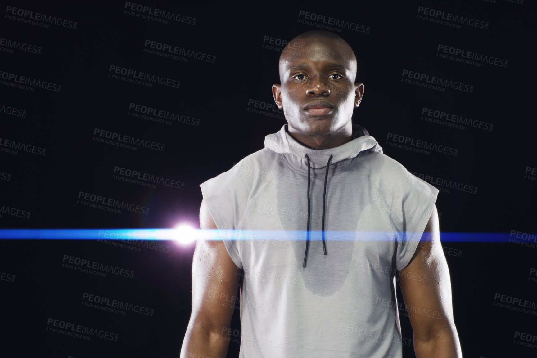 Buy stock photo Fitness, workout and portrait of black man with sweat On dark background for running, exercise and training. Sports mockup, serious face and male person with light, dedication and motivation or focus